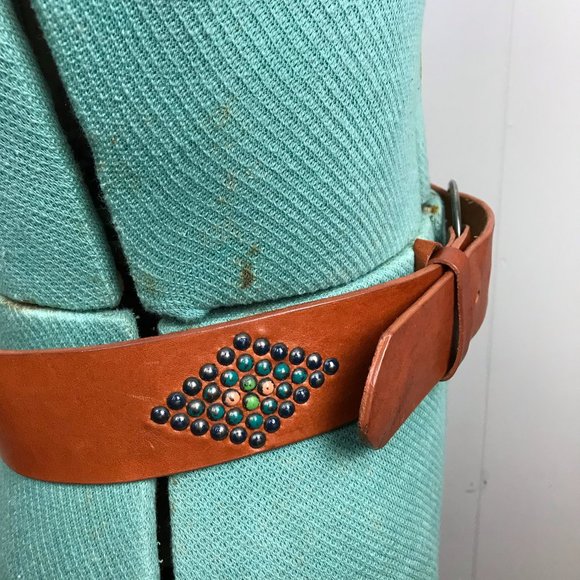 Genuine Leather Distressed Belt Metal Stud Detail Brown Boho Size Small - Picture 8 of 15